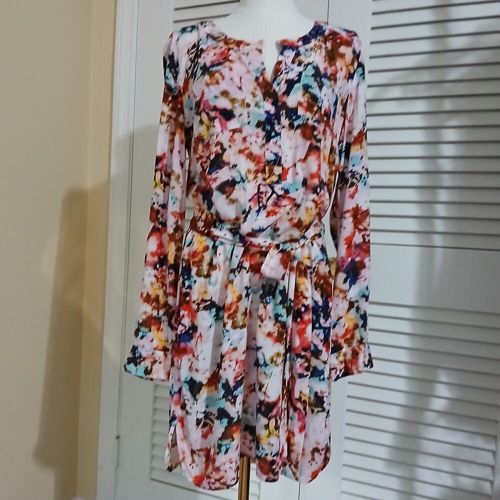 A.N.A LS floral belted rayon shirt dress sz Med